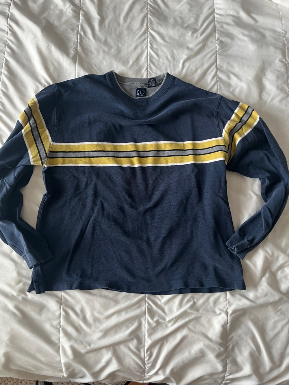 GAP Navy Long Sleeve Crew with Olive, Gray & White Stripes  classic vintage
